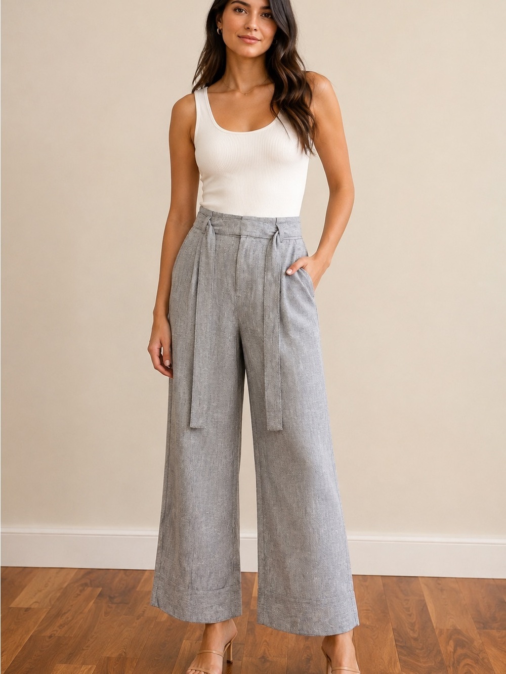 High-Rise Wide-Leg Linen-Blend Pants in Light Gray